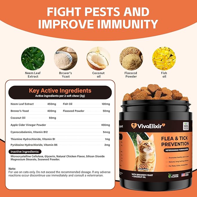 Flea & Tick Treatment for Cats – Natural Flea, Tick & Mosquito Prevention with Brewer’s Yeast, Coconut Oil – Skin & Coat Health, Immune Support – Vet Formulated 200 Chews