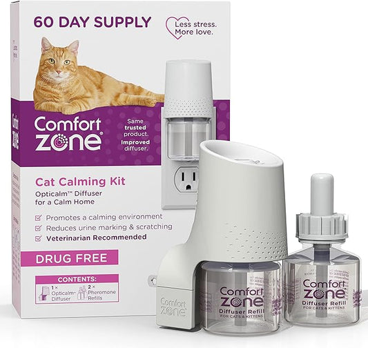 Comfort Zone 60 Day Starter Kit: 1 Cat Calming Diffuser & 2 Refills; Cat Pheromones Help Anxiety; Reduce Stress, Urine Marking, Scratching