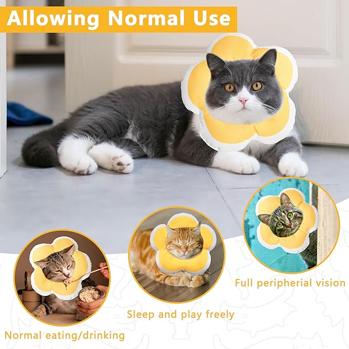 Cat Cone Collar Soft, Waterproof Cats Cones to Stop Licking After Surgery, Adjustable Soft Elizabeth Cats Collars for Wound Healing, Flower Shape Cat Recovery Collar (Yellow, Small)
