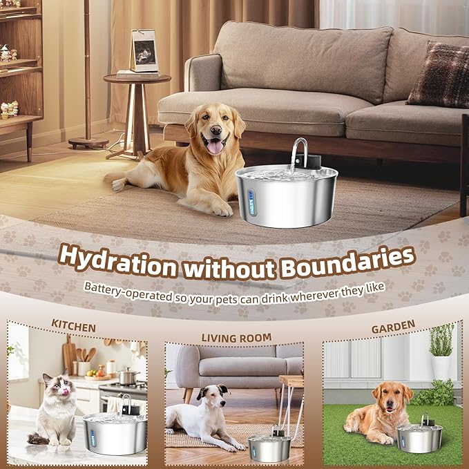 Dog Water Fountain Stainless Steel: 7L/236oz Cordless Large Dog Water Bowl Dispenser Automatic Cat Pet Water Fountain Indoor with Deeper Drinking Area, Multi-Pet Water Fountain with Ultra-Quiet Pump