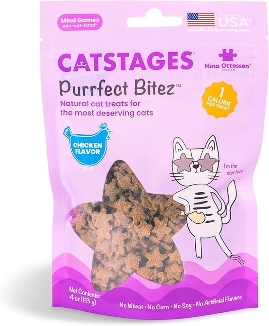 Catstages by Nina Ottosson Purrfect Bitez Natural Crunchy Cat Treats for Puzzles, Toys, Feeders, & Training, USA-Made, Real Chicken Flavor, 4oz