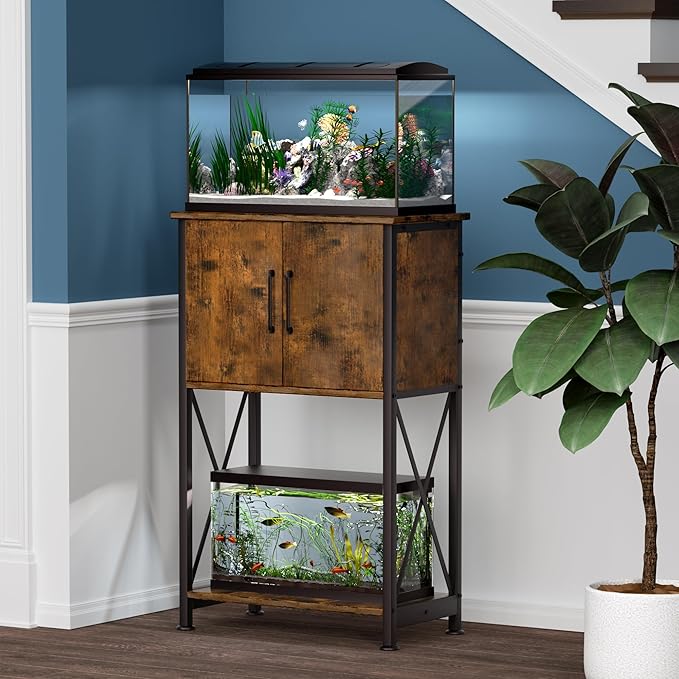 5-10 Gallon Fish Tank Stand, Metal Double Aquarium Stand with Cabinet for Fish Tank Accessories Storage, Heavy Duty 20.5" L* 11.02" W Tabletop, 500LBS Capacity Rustic Brown and Black PG06YGN