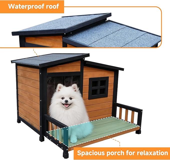 GARWOOD Large Outdoor Indoor Wooden Dog House for Small Large Dog Kennel Wood Sturdy Pet Puppy Warm Home with Durable Weatherproof Asphalt Roof Insulated Elevated Floor Outside Shelter Brown 39x37x30“