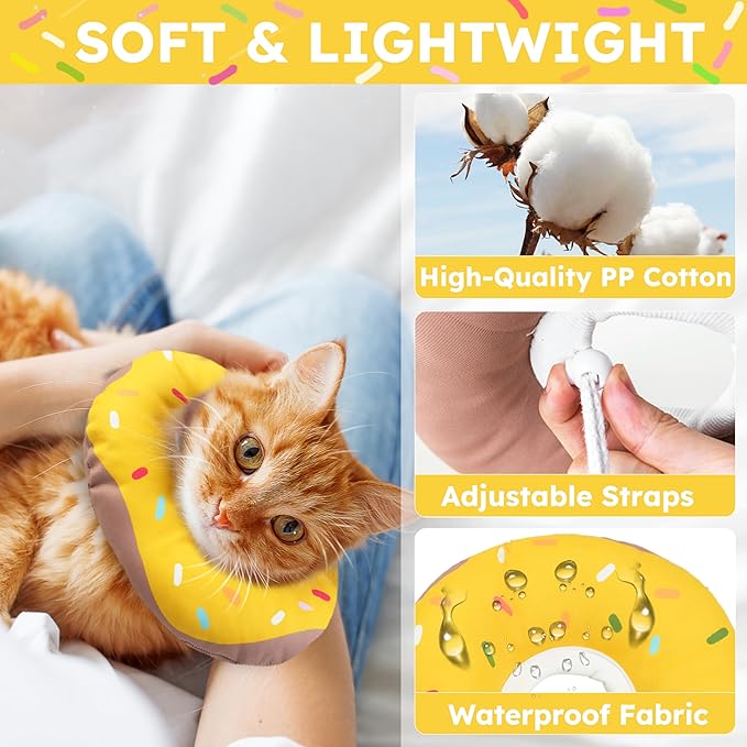 Cat Cone Collar Soft, Waterproof Cat Recovery Collars Spay Cones to Stop Licking Cute Donut E Collar After Surgery Anti-Lick Wound Healing Safety Elizabethan Collar for Kittens (Donut Yellow, Small)