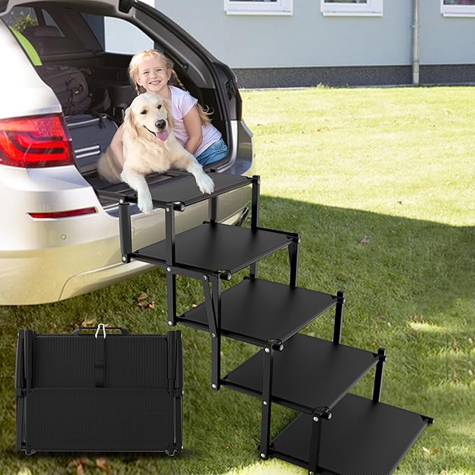 Extra Wide 5 Steps Dog Stairs for Large Dogs, Foldable Dog Ramp for Car with Non-Slip Surface, Lightweight Dog Stairs for Cars, Dog Steps for Cars, SUV, High Beds, Truck, Supports up to 250 lbs