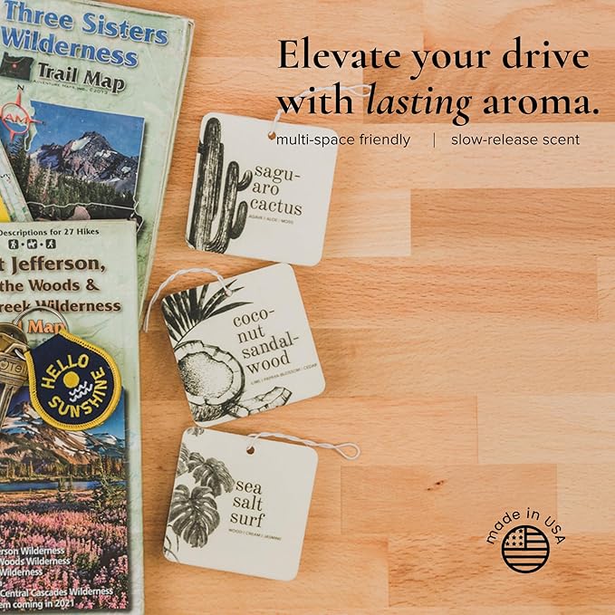 Broken Top Botanical Car Air Freshener Variety Pack, 6 Pack (2 Coconut Sandalwood, 2 Saguaro Cactus, 2 Sea Salt Surf)