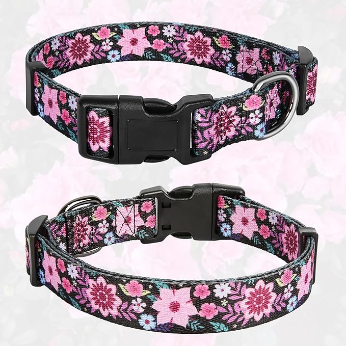 HEELE Dog Collar, Adjustable Soft Dog Collar for Small Medium Large Dogs,Floral Patterned Puppy Collars with Quick Release Buckle Galsang Black M Length 13.39''-20.87''