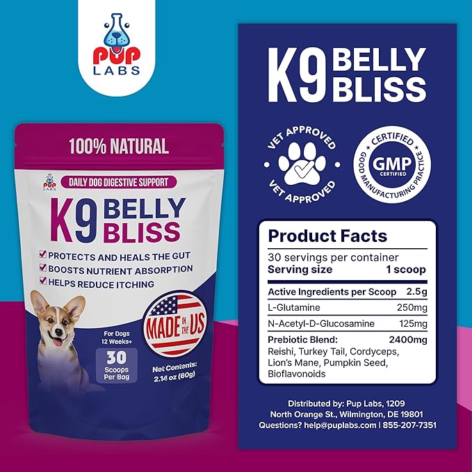 K9 Belly Bliss, All-Natural Gut Health for Dogs, Vet Approved Prebiotic for Dogs for Daily Digestive Support & Dog Constipation Relief, Topper for Dry & Wet Food, 3 Pack with 30 Scoops Each.