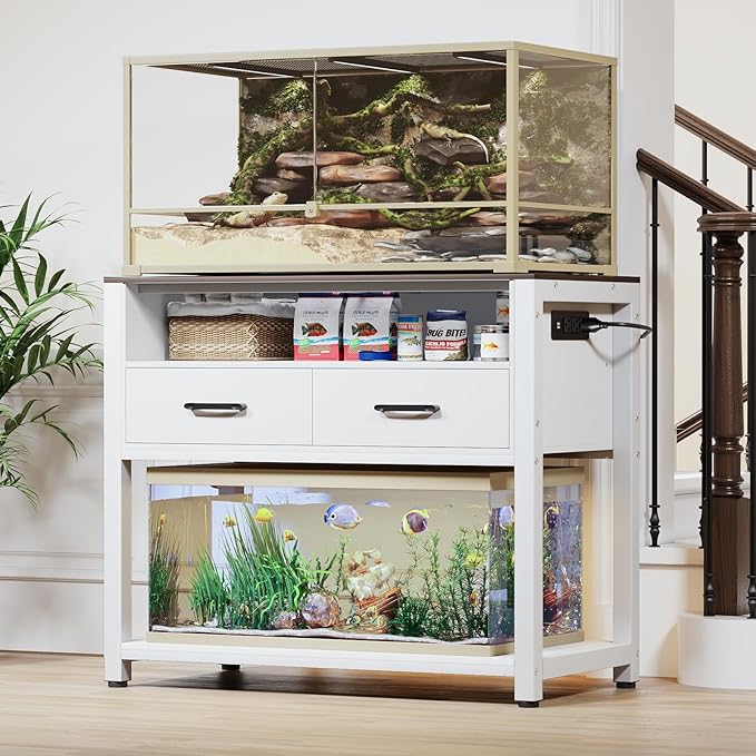 40-50 Gallon Fish Tank Stand with Power Outlet & 2 Storage Drawers, Heavy Duty Metal Frame Aquarium Stand with Waterproof Mat, 36.6" L*19.1" W Tabletop, 800LBS Capacity, White+Brown