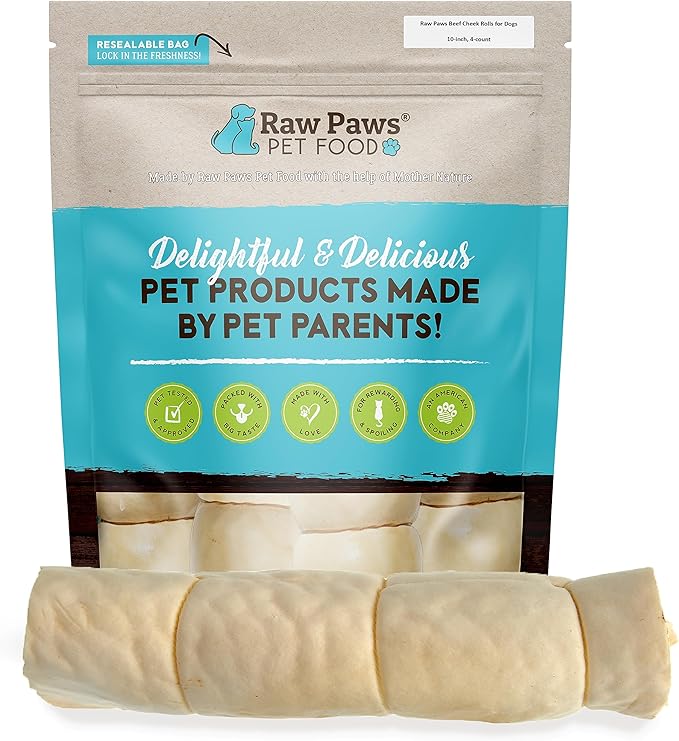 Raw Paws Beef Cheek Rolls for Dogs Large - 10 inch (4 Pack) - Packed in USA - Free-Range, Rawhide Alternative Dog Chews - Retriever Rolls - Beef Cheeks for Dogs