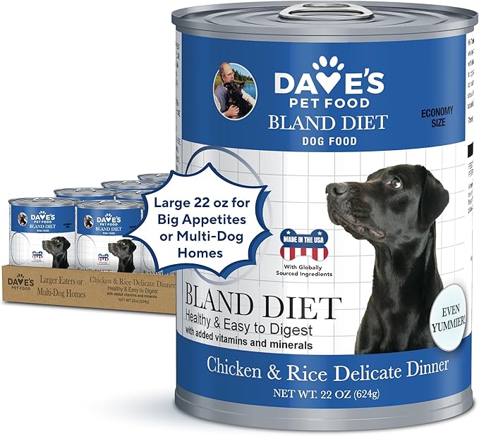 Dave's Dog Food Bland Diet Dog Food for Sick Dogs with Upset Stomach (Chicken & Rice), Economy Size for Large Pups or Big Eaters, Sensitive Stomach, 22 oz (Case of 12)