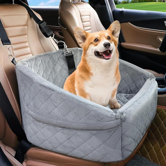 Dog Car Seat for Small Dogs,Detachable Washable Dog Booster Seat for Medium Dogs Under 30lbs, Pet Car Seat Travel Bed with Storage Pockets and Dog Safety Belt (Grey)