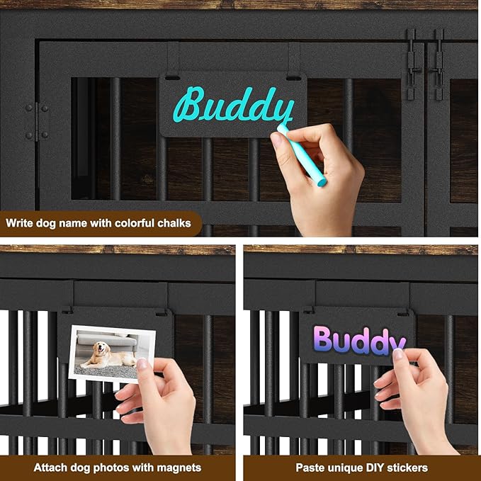 EasyCom 42"/41"/33" Dog Crate Furniture with Name Tag, XL Heavy Duty Dog Kennel Indoor for Large and Medium Dogs, Double-Doors Sturdy Dog Cage for Anxiety Dog, Decorate House as TV Stand