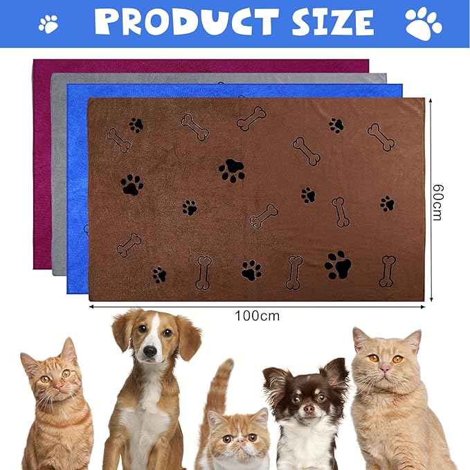 Chumia 4 Pcs Dog Towels for Drying Dog Puppy Bulk Microfiber Absorbent Paw Towel Pet Bathing Supplies Quick Drying for Medium Cats Pets Shower(24 x 40 Inch,Grey,Blue,Coffee,red)