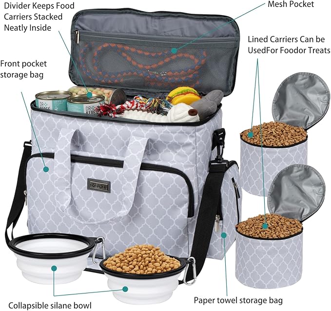 BAGLHER Dog Travel Bag, Pet Travel Bag (ALL Pet Travel Supplies), With 2 Pet Food Containers and 2 Collapsible Silicone Bowls; Essential Kits for Pet Travel DLwhite