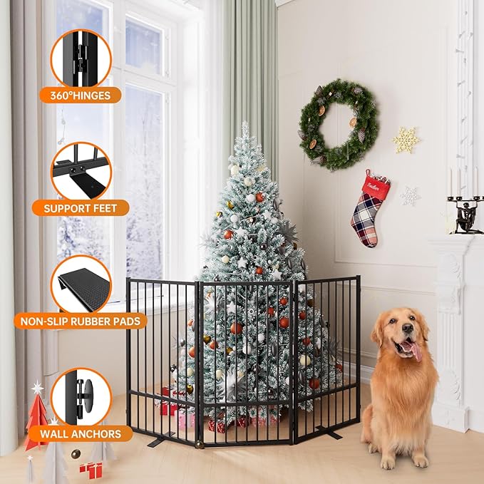 Full Metal Freestanding Dog Gate with Door, 36''Height Foldable Pet Dog Fence for Indoor & Outdoor, 3 Panels Extra Wide Free Standing TallDog Gates for Doorways,House,Stairs,Porch,Deck,Yard