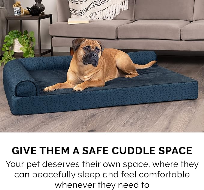 Furhaven Cooling Gel Dog Bed for Large Dogs w/ Removable Bolsters & Washable Cover, For Dogs Up to 95 lbs - Plush & Almond Print L Shaped Chaise - Blue Almonds, Jumbo/XL