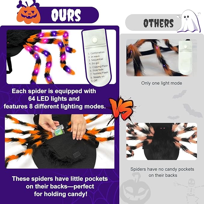 OurWarm Dog Halloween Costume for Large Dogs, 64 LED Furry Giant Dog Spider Costume Funny Pet Halloween Costumes for Big XL Large Breed Pet Party Cosplay Decor(Orange)