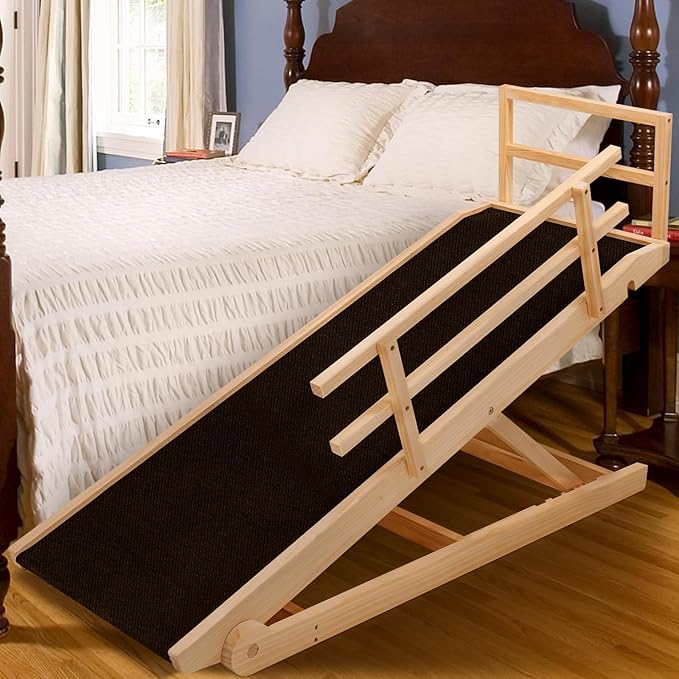 Dog Ramp for Bed, Adjustable Pet Ramps for Dog to Get on Bed, Non-Slip Rubber Surface - Folding Wooden Dog Ramp for Small/Large/Old Dogs, Adjustable up to 31 inch High Beds, Safety Railings
