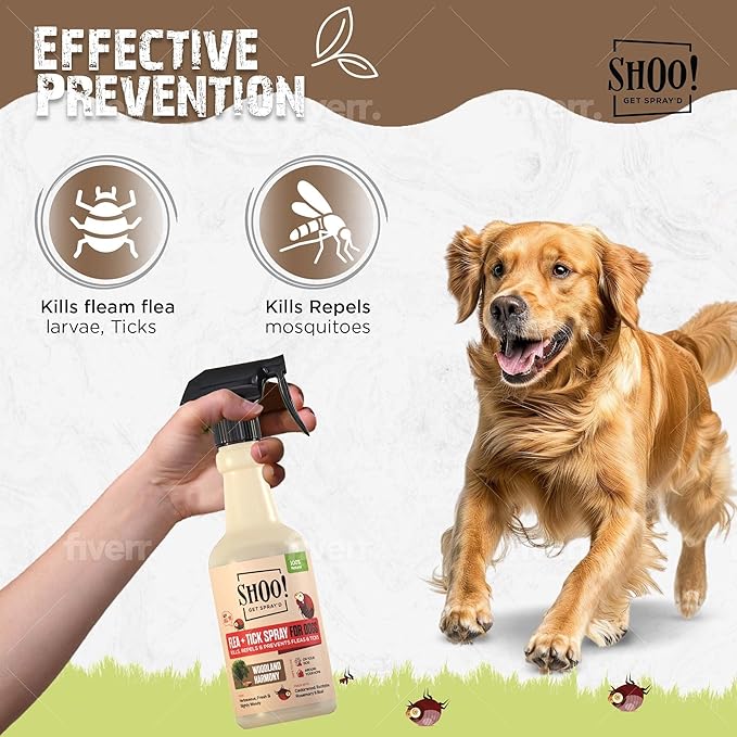 Shoo! Flea & Tick Spray for Dogs and Home | Plant Based, Natural Oils, Chemical Free Formula | Kills, Repels, Prevents | 16 oz (Woodland Harmony)