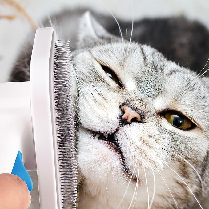 Self Cleaning Slicker Dog Cat Brush for Shedding - Deshedding Tool with Max Massage Tips, Grooming Brush for Short Medium Haired Cats & Dogs (Blue)