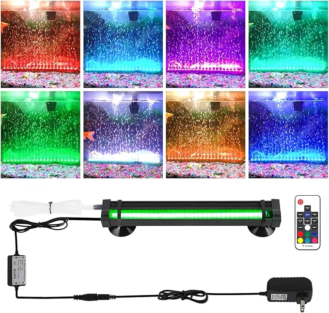 Submersible Bubble Aquarium Light：RGB Aquarium Light with Remote Control Oxygenator for Saltwater Coral Growth - 9 Inch Waterproof Fish Tank Light Designed for Aquarium Breeders
