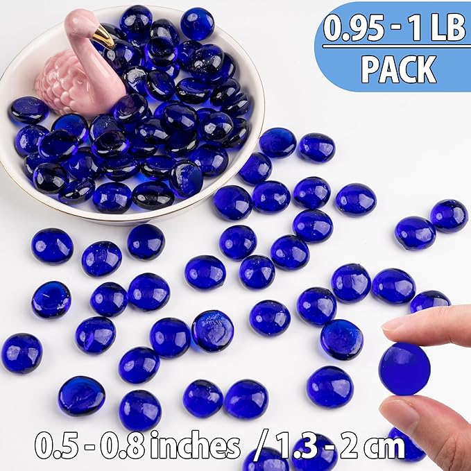 Blue Glass Marbles, 0.97 LB Transparent and Smooth Flat Glass Beads for Vases, Mosaic Gem Pebbles for Aquarium Decor, Floral Arrangements, Mancala Stones, Vase Filler and Crafts (Approx. 80-100 PCS)