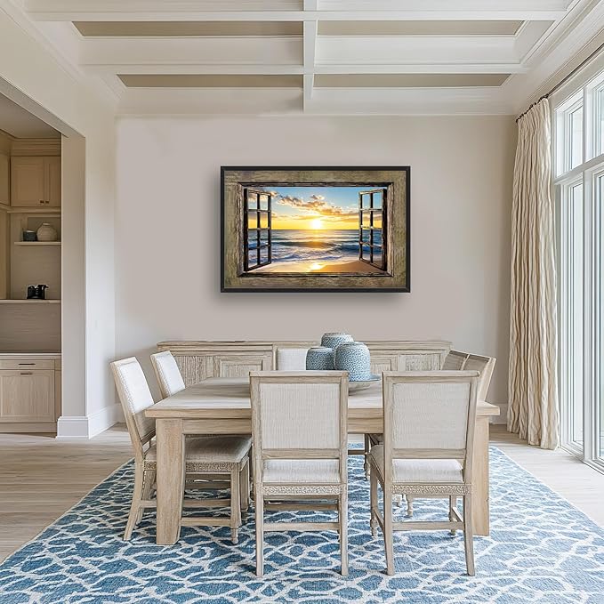 Beach Large Wall Art Sea Coastal Pictures Rustic Window Sunrise Wall Decor Canvas Print Painting Artwork for Bathroom Living Room Bedroom 36L" x 24W"