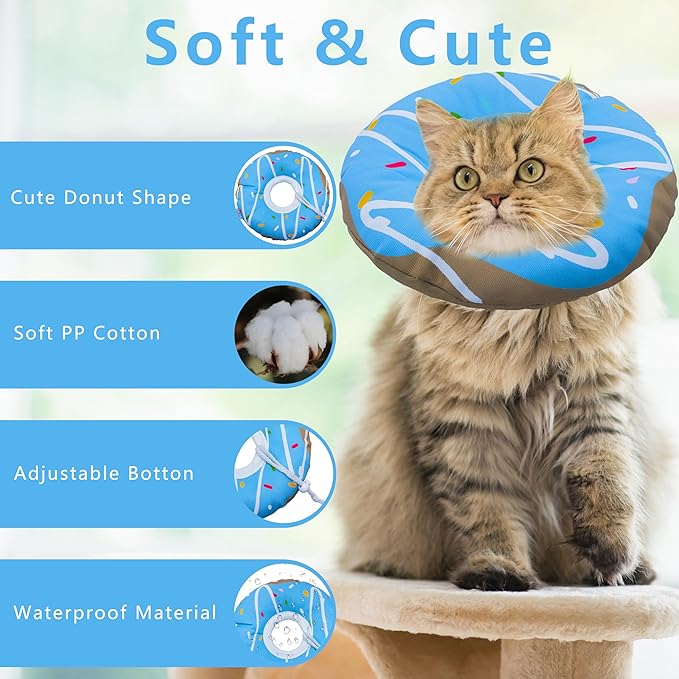 Cat Cone Collar Soft, Adjustable Cat Recovery Collar Kitten Cones to Stop Licking, Cute Donut E Collar After Surgery, Cats Neck Pillow Elizabethan Cones of Shame (Waterproof Blue, Medium)