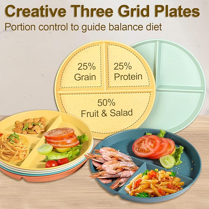 Divided Plates for Adults (8 Packs), Unbreakable Portion Control Plate Sectioned with Dividers, 9 Inch Plastic Food Separator Dinner Plates Lightweight Compartment BPA Free Reusable Microwave Safe