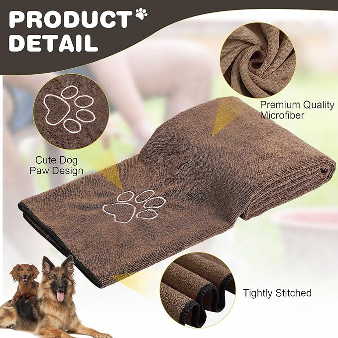 Chumia 4 Pack Dog Towels for Drying Large Microfiber Grooming Tools Absorbent Soft Bath Supplies with Embroidered Paw for Small Medium Pet Products(30 x 50 Inch,Brown)