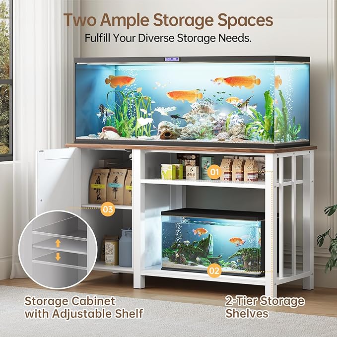 Aquarium Stand with Power Outlets, 55-75 Gallon Heavy Duty Fish Tank Stand with Cabinet Storage & Adjustable Shelf, for Fish Tank, Turtle Tank, Reptile Terrarium, 1000LBS Capacity, White
