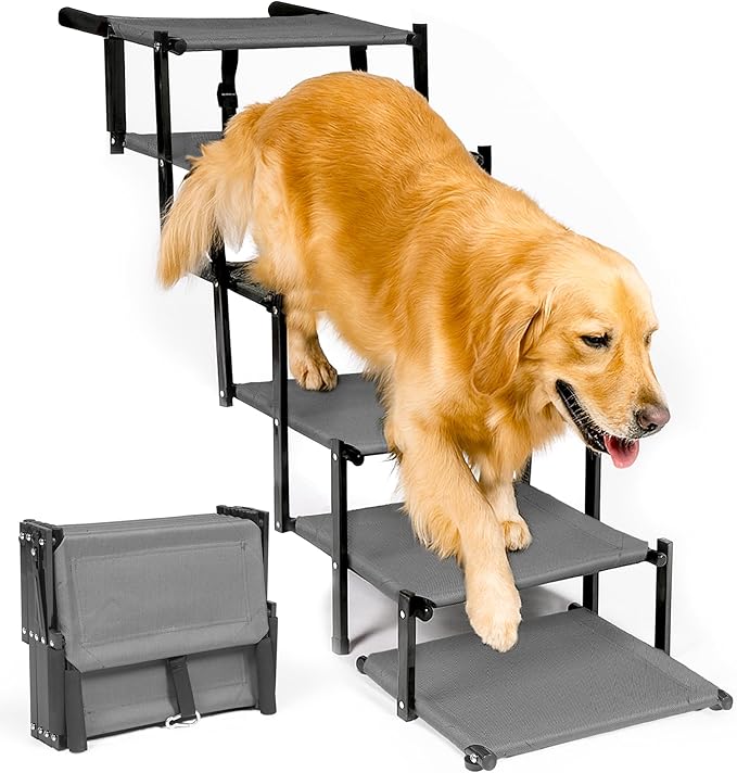 Dog Stairs for Trucks & SUVs – Foldable, Portable Pet Ramp for Large Dogs, Non-Slip Steps Supports Up to 250 lbs