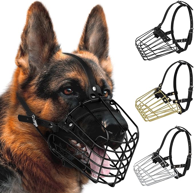 German Shepherd Dog Muzzle Metal Basket for Medium Large Dogs Adjustable Durable Leather Straps Secure Wire Mask for Biting Chewing Barking (Black, M - Size)