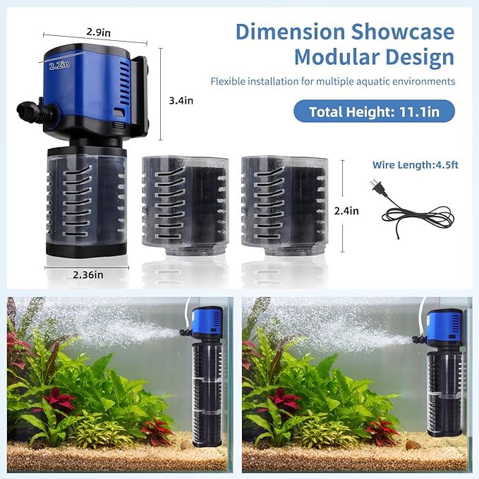 TARARIUM Aquarium Filter 260GPH for 30-55 Gallon Fish Tank, Biochemical Quiet Submersible Internal Filtration Powerful Pump Air Supply Wave Maker 4 in 1, Saltwater & Freshwater Crystal Clear