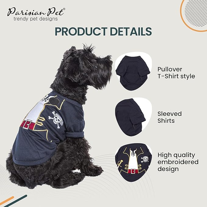 Parisian Pet Captain Sparrow Dog Pirate Shirt - Embroidered Pirate Captain Costume - 100% Cotton & Polyester - Sleeved Pet Clothes - Black Dog Shirts, 2XL Pet Costume