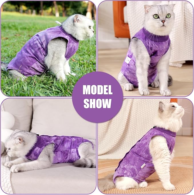 Cat Recovery Suit for Male and Female Surgical Post Surgery Soft Cone Onesie Tie Dye Cats Shirt Clothes Neuter Licking Protective Diapers Outfit Cover Kitten Spay Collar Alternative(Purple, S)