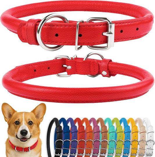CollarDirect Rolled Leather Dog Collar, Soft Padded Round Puppy Collar, Handmade Genuine Leather Collar Dog Small Large Cat Collars 13 Colors (13-16 Inch, Red Textured)