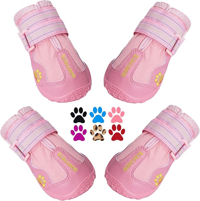 QUMY Dog Shoes for Large Dogs, Medium Dog Boots & Paw Protectors for Winter Snowy Day, Summer Hot Pavement, Waterproof in Rainy Weather, Outdoor Walking, Indoor Hardfloors Anti Slip Sole Pink 2