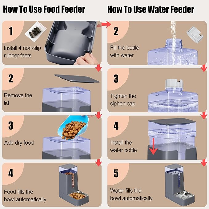 Automatic Cat Feeder and Cat Water Dispenser Set with Stainless Steel Bowls Gravity Dog Feeder for Small Medium Big Dog Pets Puppy Kitten, 3.8Lx 2