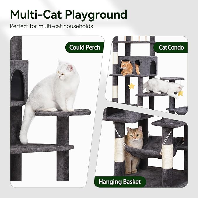 85in Giant Cat Tree for Heavy Duty Big Cats, Large Cat Trees with Scratching Post, Cat Tree Tower with Cat Condos, Hammock & Plush Perch for Maine Coon, Smoky Gray