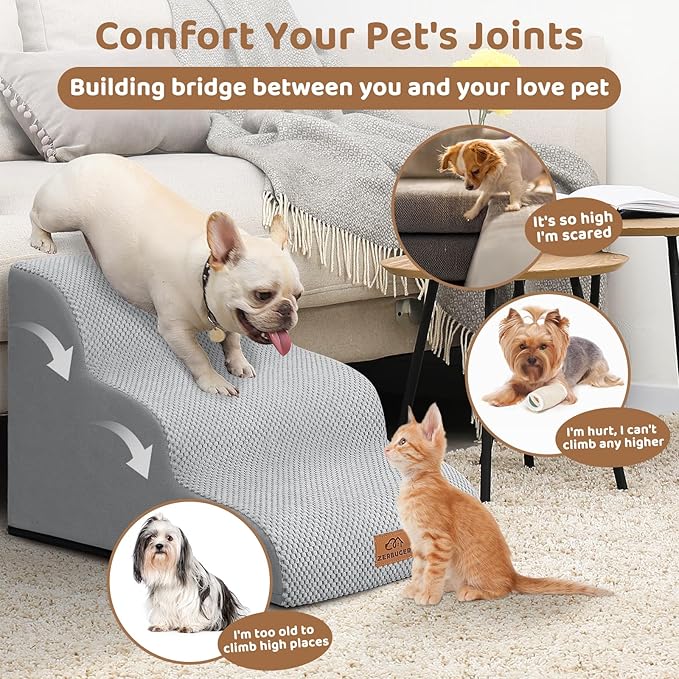Dog Ramp and Stair for Bed 16" H-20 H,3-Step Cat Stair for Sofa and Chair,4-Step Dog Ramp for High Bed and Window,Durable Nonslip Fabric Cover for Indoor (Light Grey-16 H, Pet Friendly, 3)