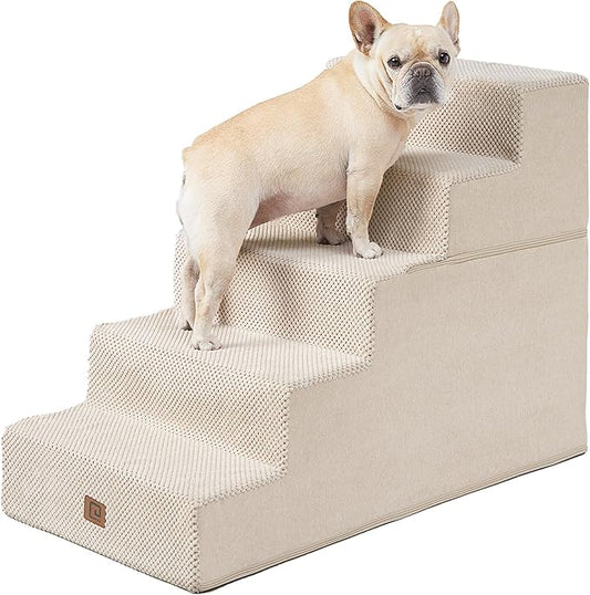 EHEYCIGA Dog Stairs for High Bed 25" H, 5-Step Extra Wide Dog Steps for Bed, Pet Steps for Small Dogs and Cats, Non-Slip Balanced Pet Ramp Indoor, Beige