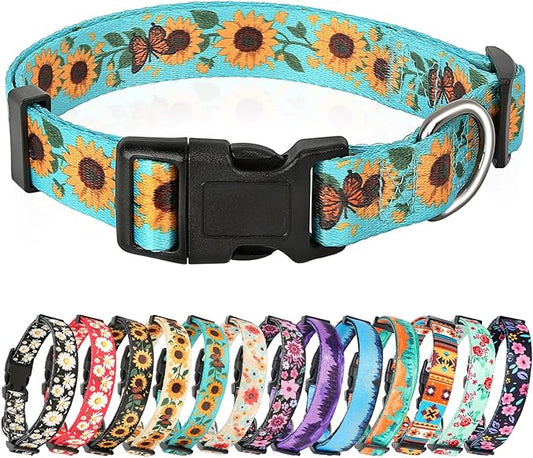 HEELE Dog Collar, Adjustable Soft Dog Collar for Small Medium Large Dogs,Sunflower Floral Patterned Puppy Collars with Quick Release Buckle Sunflower Green L Length 15.94''-25.59'