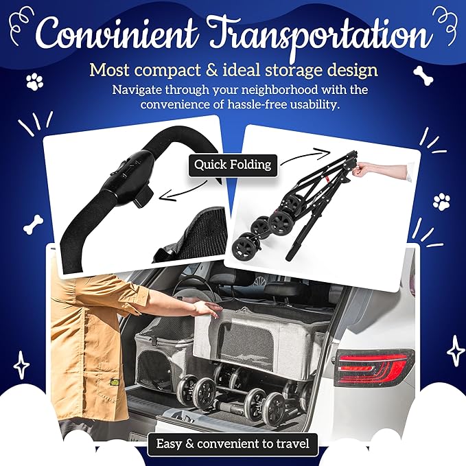 Detachable Pet Double Stroller with 4 Rolling Casters for 2 Pets – Lightweight Multifunctional Travel Stroller with Mesh Windows, Cup Holder, Sun Shades & Storage Pocket for Puppy and Kitty