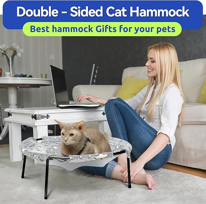 Elevated Cat Bed, Glow-in-The-Dark Fabric Cat Hammock Bed for Large Indoor Cats, Machine Washable & Breathable Cover, Tool Free Easy Assembly, up to 66Lbs (Gray, L)