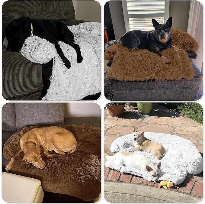 GGIB Calming Dog Bed Fluffy Plush Dog Mat for Furniture Protector with Removable Washable Cover for Large Medium Small Dogs and Cats (Extra Large (53x39.3x6), Brown)