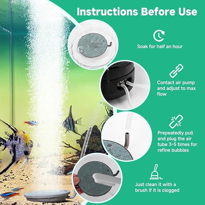 hygger Aquarium Air Stone, 2.3 Inch Fish Tank Bubbler Stone Kit Makes Super Tiny Bubbles, Ultra-High Dissolved Airstone with Stainless Steel Base Aquarium Fish Tank and Hydroponic