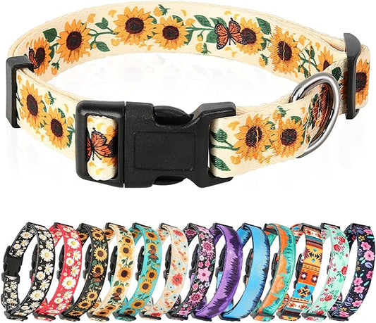 HEELE Dog Collar, Adjustable Soft Dog Collar for Small Medium Large Dogs,Sunflower Floral Patterned Puppy Collars with Quick Release Buckle Sunflower Yellow S Length 9.84''-14.96'