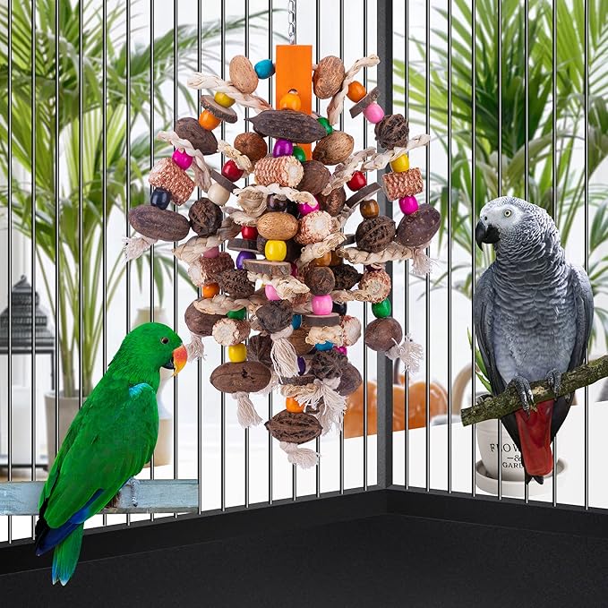 Deloky Large Parrot Bird Chewing Toys, Natural Nuts Corn Parrot Tearing Toy, Wooden Bird Cage Toy for African Grey, Macaws Cokatoos, Amazon Parrots and Other Large Birds